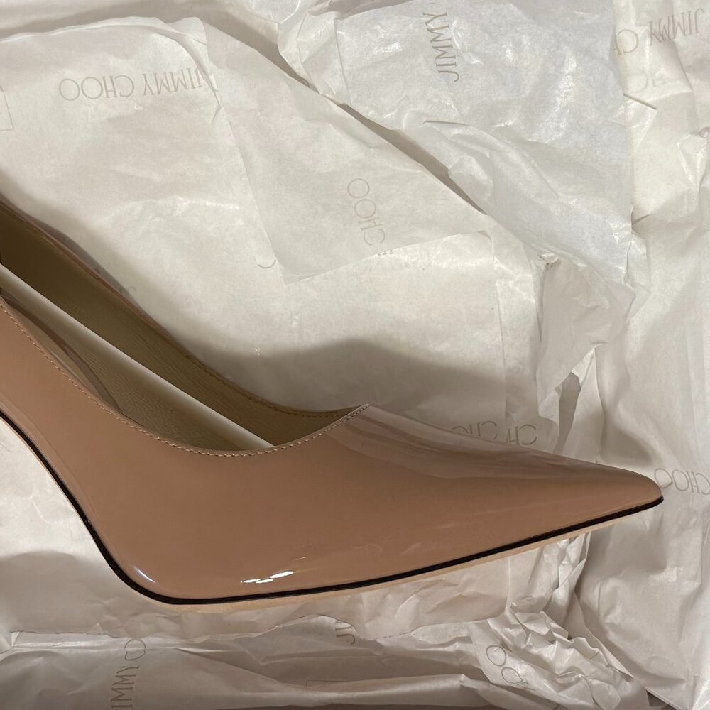 Jimmy Choo Love100 Ballet-Pink Patent-Leather Pointed Pumps with JC Emblem - Picture 2 of 14